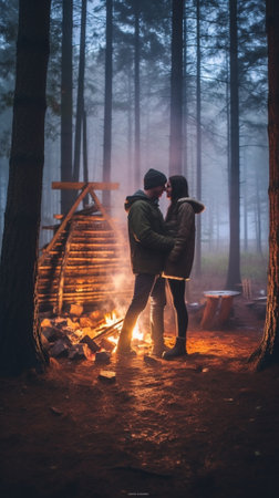 Generative AI : Romantic couple celebrating Valentines day outdoor  Boyfriend and girlfriend in love making hearth shape with handsの素材
