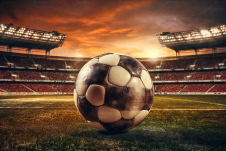 Generative AI : Soccer ball in goal outdoor on a sunset background  Lifestyle scene concept about sportの素材