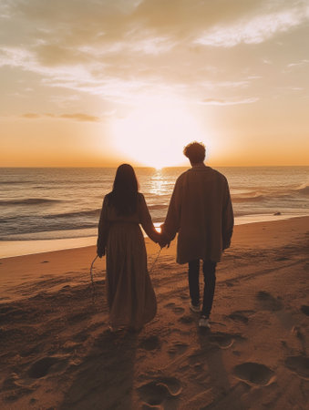 Generative AI : Romantic happy couple in love walking at the beach at sunset Boyfriend and girlfriend holding hands at holiday outdoor People love and holidays concept Vintage filtの素材
