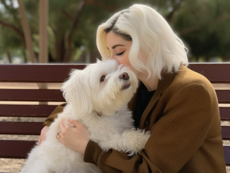 Generative AI : White dog kissing its owner lying on the grassの素材
