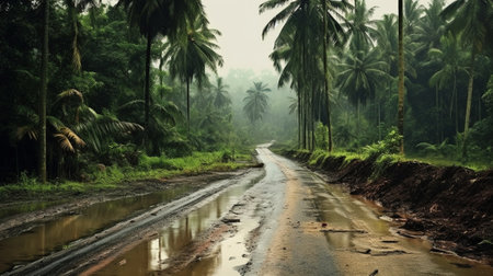 Generative AI : Tropical countryside road between oil palm treesの素材