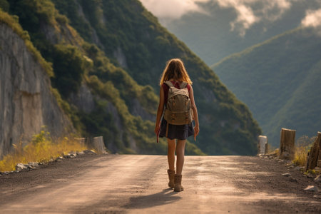 Generative AI : Traveller woman walking alone on the road at the mountain destinationの素材