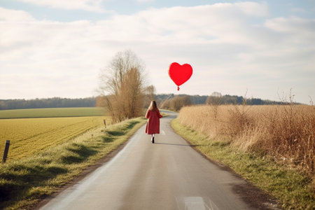 Generative AI : Young couple kissing behind red heart against country sceneの素材