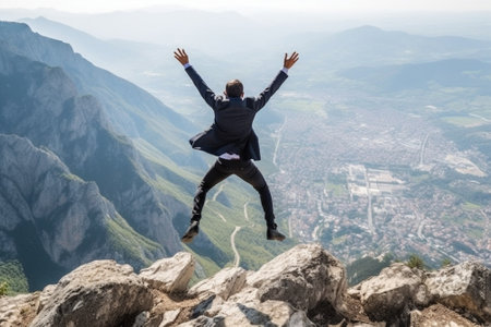 Generative AI : Successful hiker man jumping on the top of the mountain  Successful business and sport conceptの素材