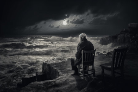 Generative AI : Sad old man sitting by the sea Concept about people sadness and lonelinessの素材