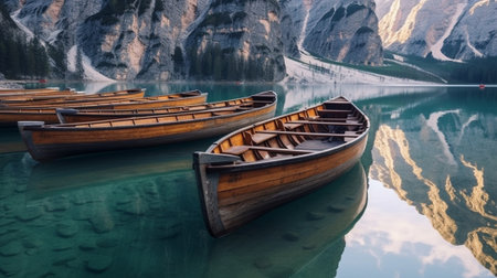 Generative AI : Tourist woman in traditional wooden rowing boat on italian alpine Braies Lake  Girl enjoying stunning view of Lago di Braies in Dolomites South Tyrol Italy Europeの素材