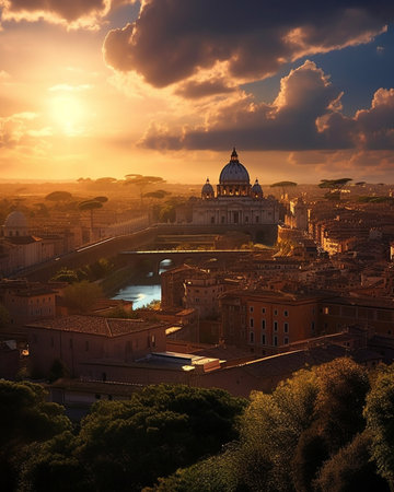 Generative AI : Sunset view at St Peters basilica in Vatican cityの素材