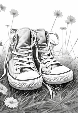 Generative AI : closeup of a pair of shoes on a meadow of daisies tattoo on the leg  tattoo nature and people conceptの素材