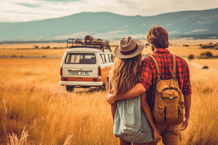 Generative AI : Young couple on a off road adventure excursion outside  Joyful tourists enjoying weekend activity on summer vacation  Tourism tour activities transportation and sumの素材