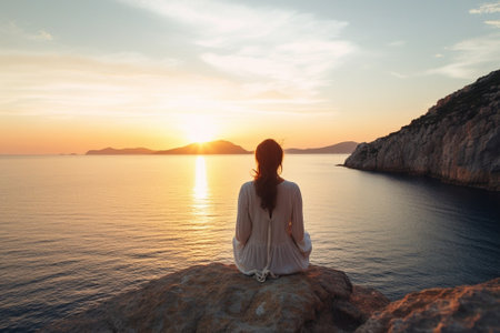 Generative AI : Woman sit on the cliff looking the ocean landscape at sunsetの素材