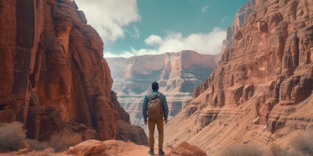 Generative AI : Young hiker hiking in the grand canyonの素材
