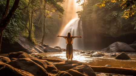 Generative AI : Woman backpacker travelling a forest raising her arms to the sky in front of the waterfall in sign of freedomの素材