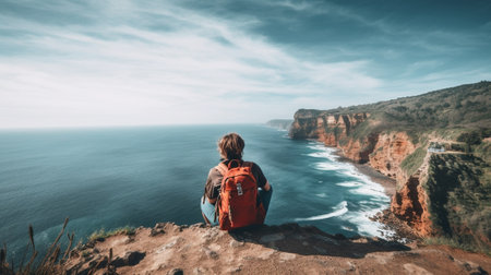 Generative AI : Woman with backpack on the top of the cliff looking the ocean landscapの素材