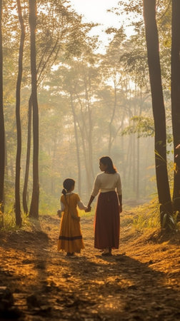 Generative AI : Young woman holding man hand walking and leads into the forest at sunset   Follow me  Travel conceptの素材