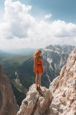 Generative AI : Successful hiker hiking on mountain peak Young woman climbing on mountain cliff at summerの素材