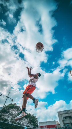 Generative AI : Street basketball player making a powerful slam dunk on the court  Athletic male training outdoor on a cloudy sky background  Sport and competition conceptの素材