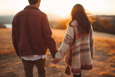 Generative AI : couple in loves hand in hand outdoor  caucasian peopleの素材