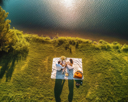 Generative AI : Top view of couple of lovers lying on blanket in grass outdoors enjoying picnic time together  Happy boyfriend and girlfriend kissing outdoors  Delightful family apの素材