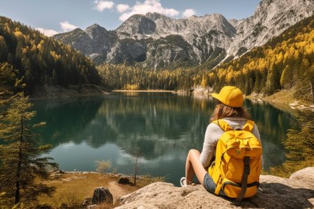 Generative AI : hiker on an excursion in the nature  Tourist having a pause while on a trekking tourの素材