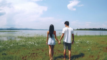 Generative AI : Two young lovers holding hands  Boyfriend and girlfriend in love walking in the natureの素材