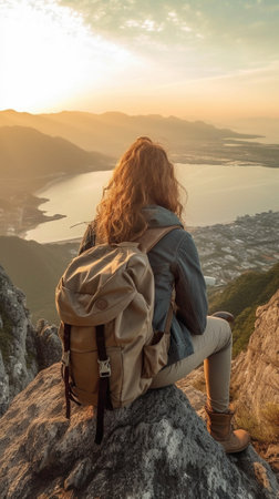 Generative AI : Traveler woman with backpack on the top of the cliff pointing to the sunset on an beatiful landscapeの素材