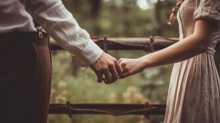 Generative AI : couple in loves hand in hand outdoor  caucasian peopleの素材