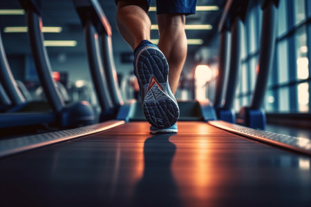 Generative AI : Athlete runner feet running on treadmill closeup on shoe  Track and field runner in sport uniform at starting position  Fitness lifestyle sport and healthy conceptの素材