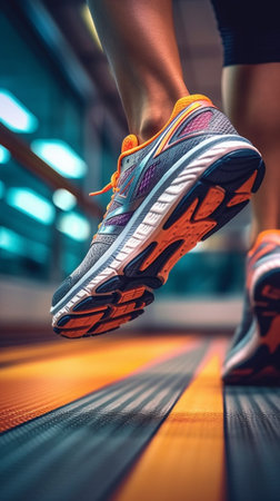 Generative AI : Athlete runner feet running on treadmill closeup on shoe  Track and field runner in sport uniform at starting position  Fitness lifestyle sport and healthy conceptの素材