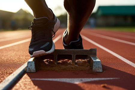 Generative AI : African runner athlete running on treadmill at the stadium  Feet on starting block ready for a spring start  Close up on shoeの素材