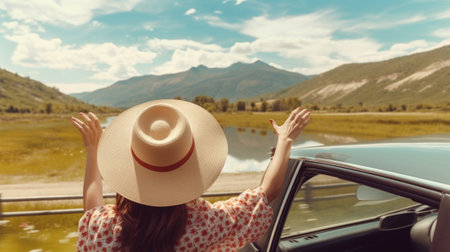 Generative AI : Back view of a young woman in straw hat relaxing looking the landscape Travelling tour in Asiaの素材