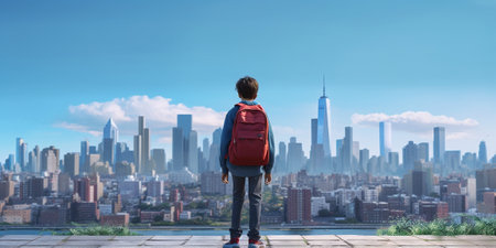 Generative AI : Backpacker just arrived in town looking at the cityscapeの素材