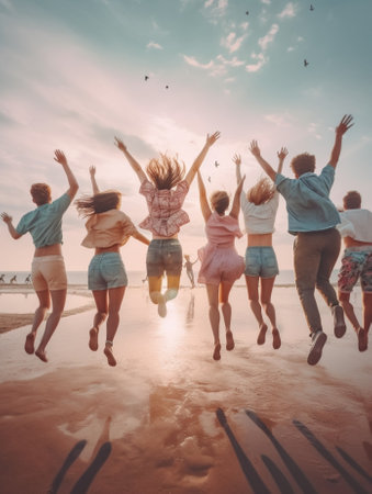 Generative AI : Best friends having fun together at the beach  Group of happy young people with arms up enjoying holiday outside  Teens enjoying spring break party  Summer vacationの素材