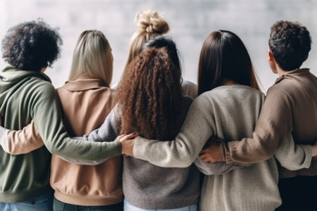 Generative AI : Back view of group of diverse people hugging each other  Support help and youth community conceptの素材