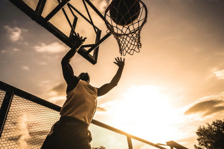 Generative AI : Basketball street player making a rear slam dunk  Sporty black man playing basketball outdoorの素材