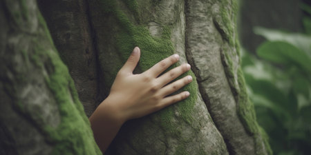 Generative AI : Closeup woman hands hugging tree trunkの素材