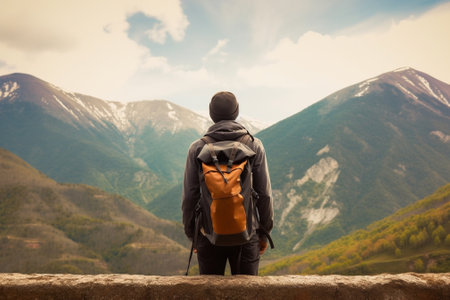 Generative AI : Casual man with backpack on the top of the mountain looking at the valleyの素材