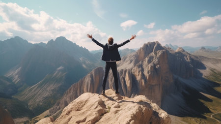 Generative AI : Excited young businessman jumping keeping arms raised hiking the mountain peak  Celebrating success winner and leader conceptの素材