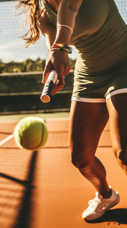 Generative AI : Caucasian young woman is playing tennis in a competition outdoorの素材
