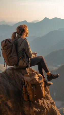 Generative AI : Beautiful hiker woman on the top of the mountain pointing at the sunset valley Girl with backpack travel alone in the natureの素材