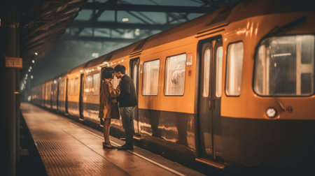 Generative AI : Couple of lovers is kissing while waiting the train at the station  love holiday transportation and lifestyle conceptの素材