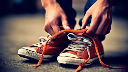 Generative AI : Close up of a black man hands tying shoelaces before training startsの素材