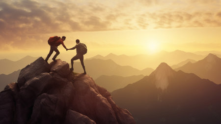 Generative AI : Couple of hikers helping each other climbing a mountain at sunset People giving a helping hand and active sport conceptの素材