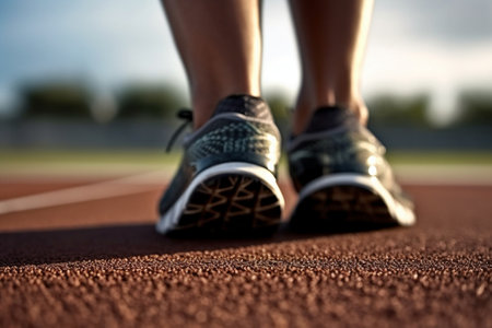 Generative AI : Closeup of man trying jogging shoes  Male athlete run on running track in a stadium  Sport lifestyle conceptの素材