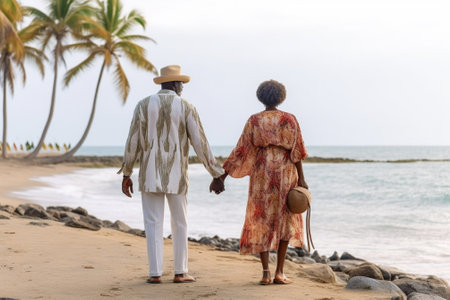 Generative AI : Follow me  African woman holding boyfriend by hand at the beach on sunset  Couple of tourists having fun walking by the seaside  Travel and holidays conceptの素材