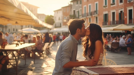 Generative AI : Couple of tourists on vacation in Venice Italy  Two lovers having fun on city street at sunset  Tourism and love conceptの素材