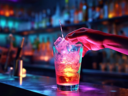 Generative AI : Barman making cocktail at night club  Bartender pouring alcohol from shaker into martini glass  Beverage life style conceptの素材