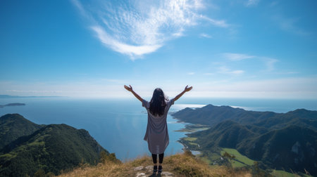 Generative AI : Freedom concept Traveller woman in the top of the mountain enjoying landscapeの素材