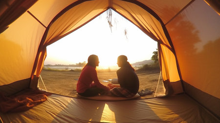 Generative AI : Couple of hipsters in camping playing guitar at the beach view from inside the tentの素材