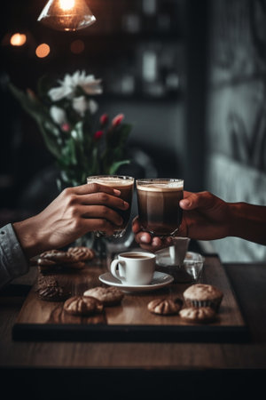 Generative AI : Beautiful couple drinking coffee on a dateの素材