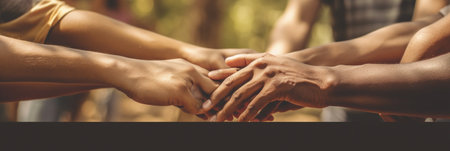 Generative AI : Group of young people stacking hands together outdoor  Community of multiracial international people supporting each other  Union support and human resources concepの素材